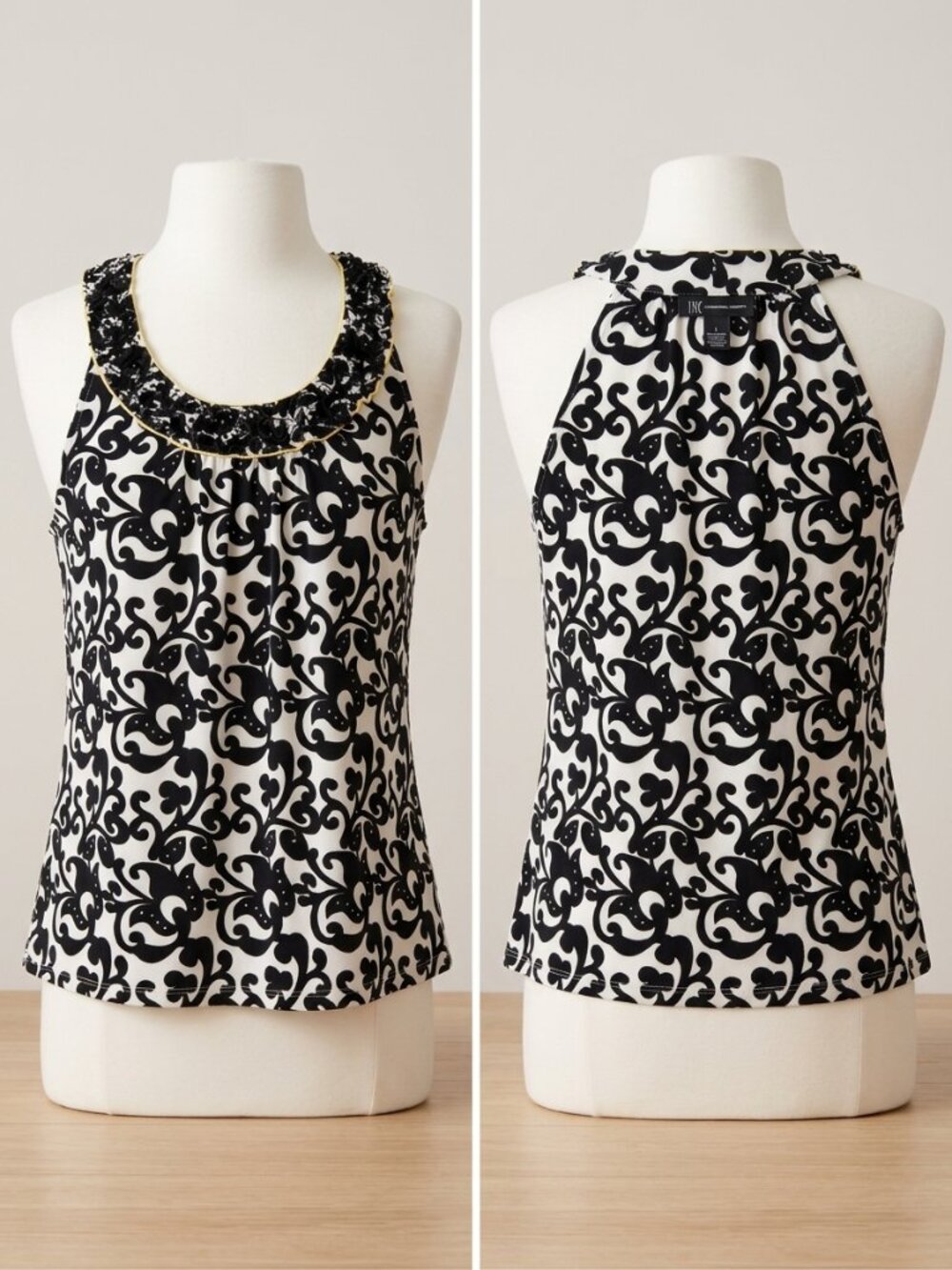 VTG INC Black White Beaded / Embellished Neckline Tank Top Size Large